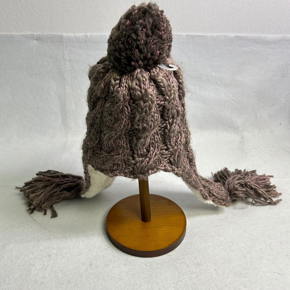 Gorpcore prAna Womens OS Brown Pink Cable Knit‎ Sherpa Lined Tassel Trapper Hat